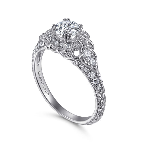 Unique 14K White Gold Vintage Inspired Diamond Halo Engagement Ring