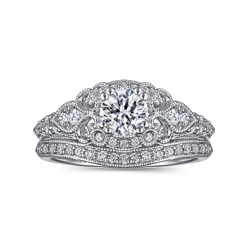 Unique 14K White Gold Vintage Inspired Diamond Halo Engagement Ring