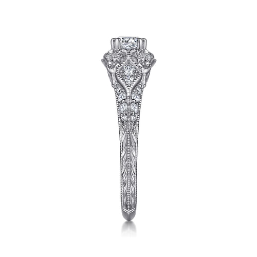 Unique 14K White Gold Vintage Inspired Diamond Halo Engagement Ring