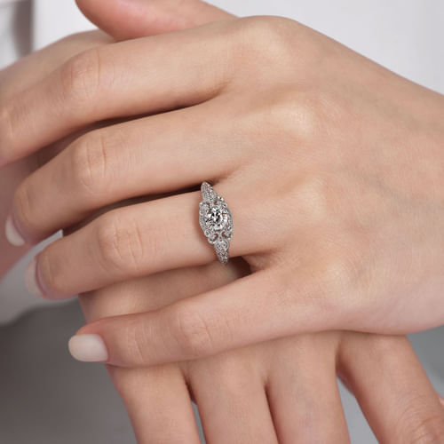 Unique 14K White Gold Vintage Inspired Diamond Halo Engagement Ring