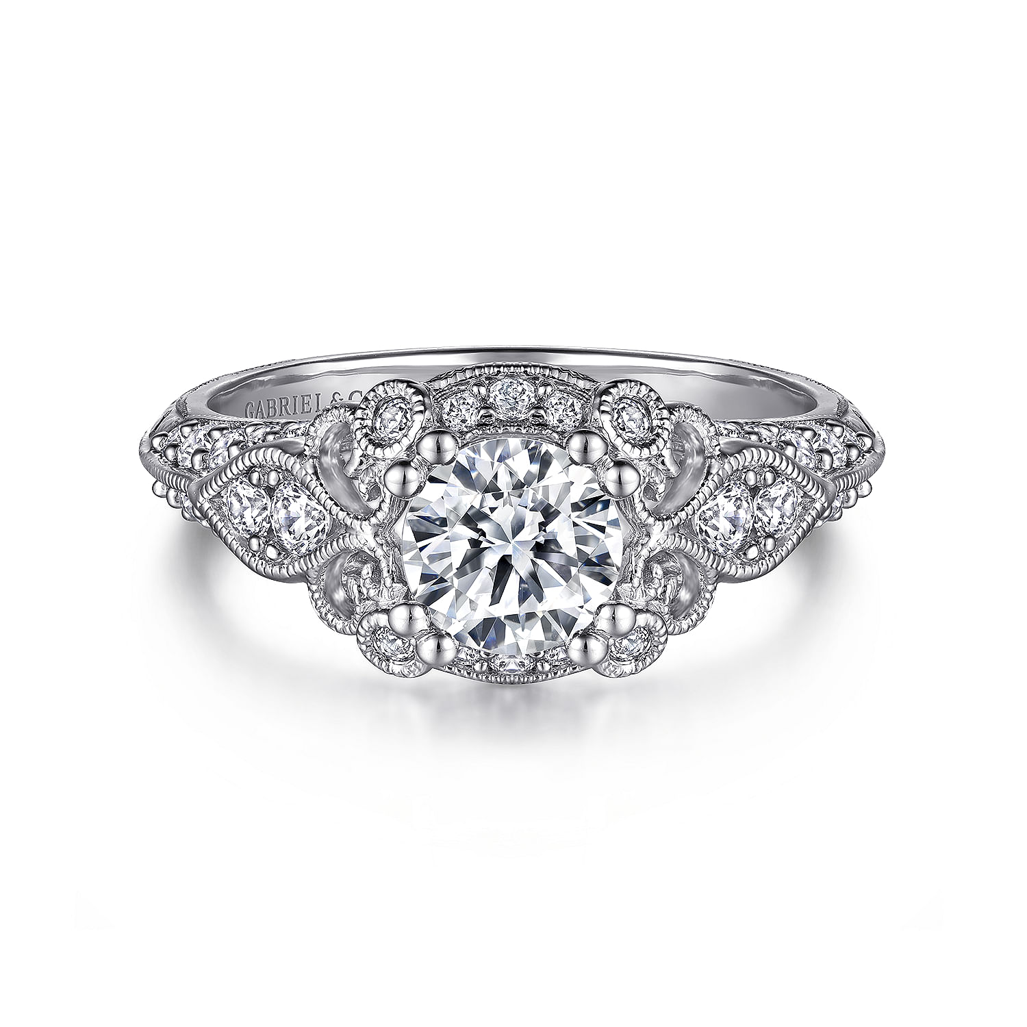 Gabriel - Unique 14K White Gold Vintage Inspired Diamond Halo Engagement Ring