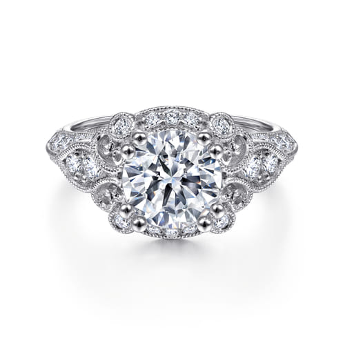 Unique 14K White Gold Vintage Inspired Diamond Halo Engagement Ring