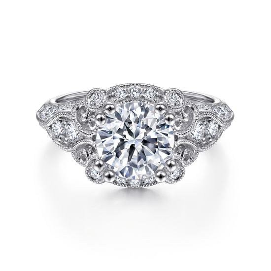 Gabriel - Unique 14K White Gold Vintage Inspired Diamond Halo Engagement Ring