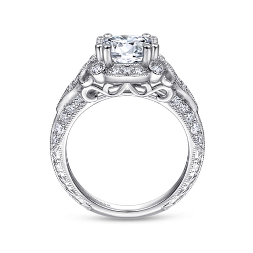 Unique 14K White Gold Vintage Inspired Diamond Halo Engagement Ring