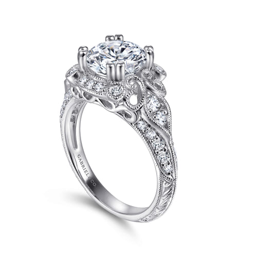 Unique 14K White Gold Vintage Inspired Diamond Halo Engagement Ring