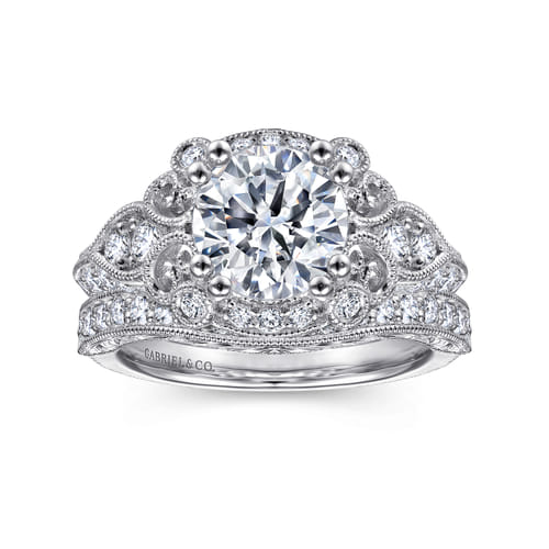 Unique 14K White Gold Vintage Inspired Diamond Halo Engagement Ring