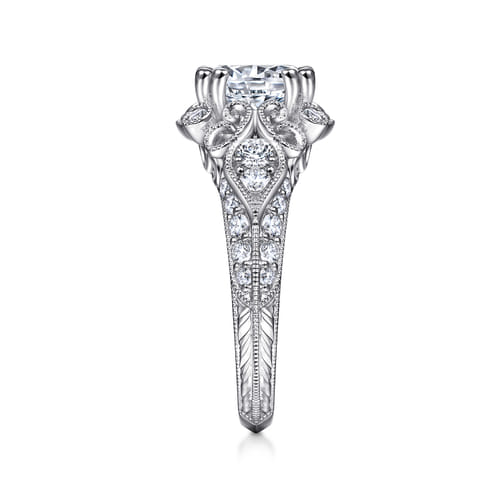 Unique 14K White Gold Vintage Inspired Diamond Halo Engagement Ring