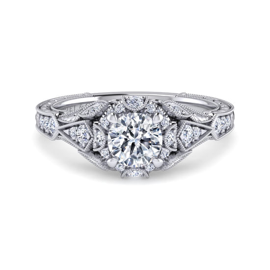 Gabriel - Unique 14K White Gold Vintage Inspired Diamond Halo Engagement Ring