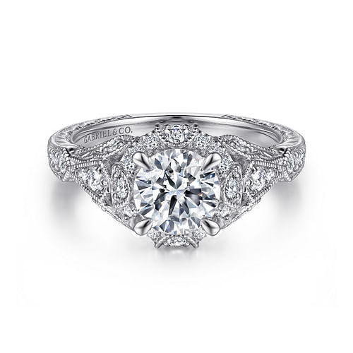 Unique 14K White Gold Vintage Inspired Diamond Halo Engagement Ring