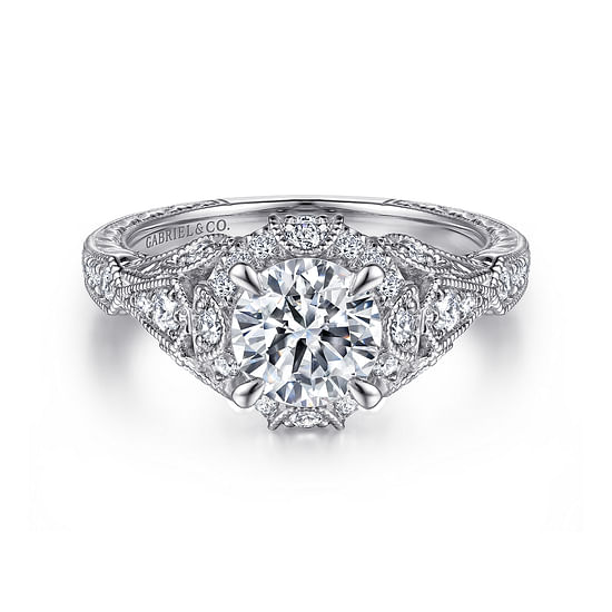 Gabriel - Unique 14K White Gold Vintage Inspired Diamond Halo Engagement Ring