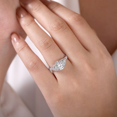 Unique 14K White Gold Vintage Inspired Diamond Halo Engagement Ring
