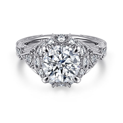 Unique 14K White Gold Vintage Inspired Diamond Halo Engagement Ring