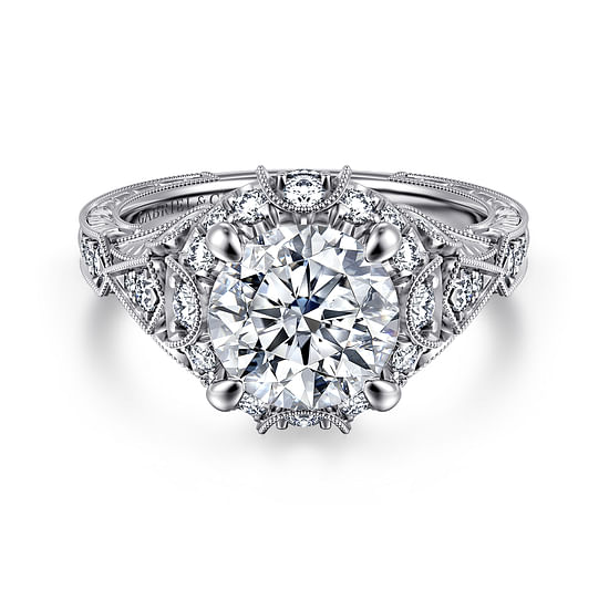 Gabriel - Unique 14K White Gold Vintage Inspired Diamond Halo Engagement Ring