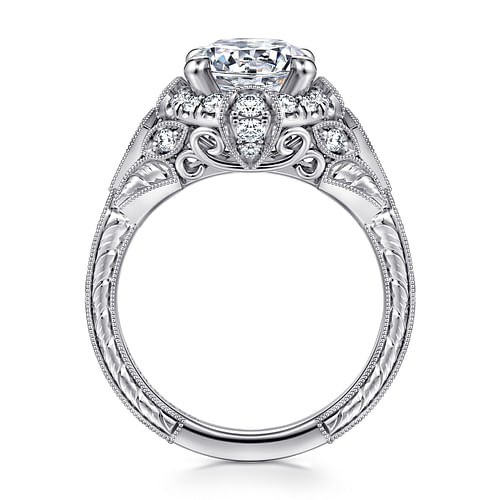 Unique 14K White Gold Vintage Inspired Diamond Halo Engagement Ring