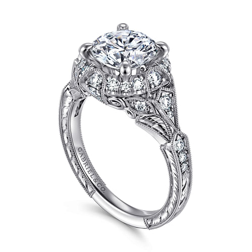 Unique 14K White Gold Vintage Inspired Diamond Halo Engagement Ring