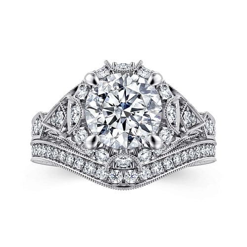 Unique 14K White Gold Vintage Inspired Diamond Halo Engagement Ring