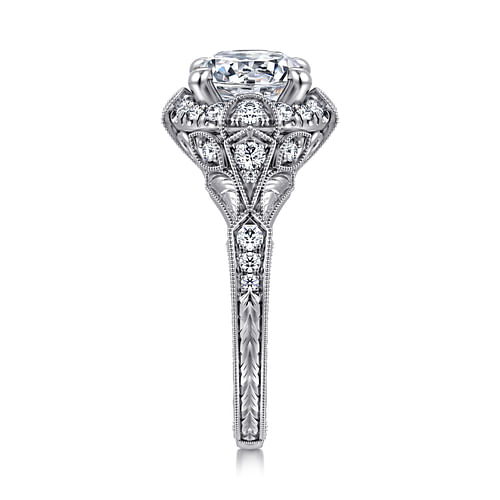 Unique 14K White Gold Vintage Inspired Diamond Halo Engagement Ring