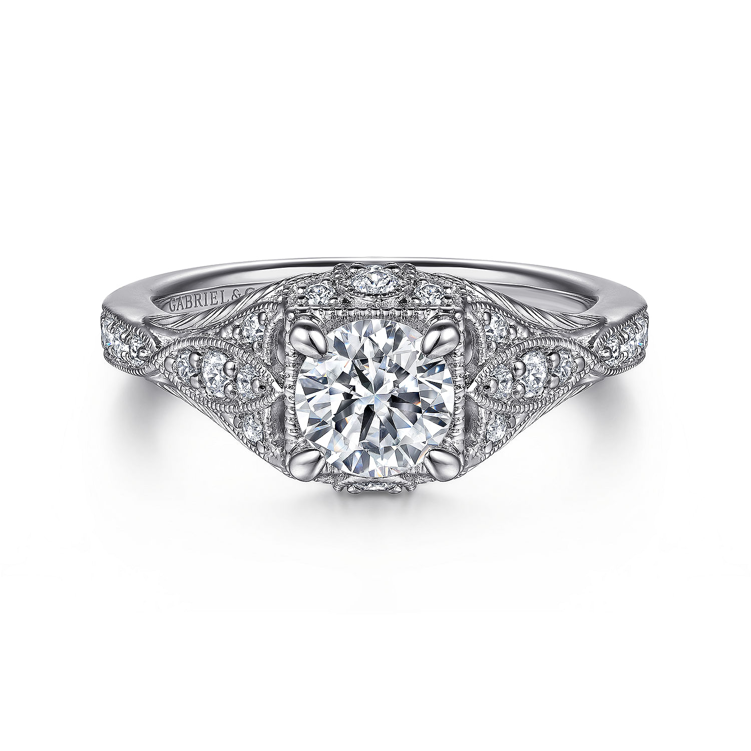 Gabriel - Unique 14K White Gold Vintage Inspired Diamond Halo Engagement Ring