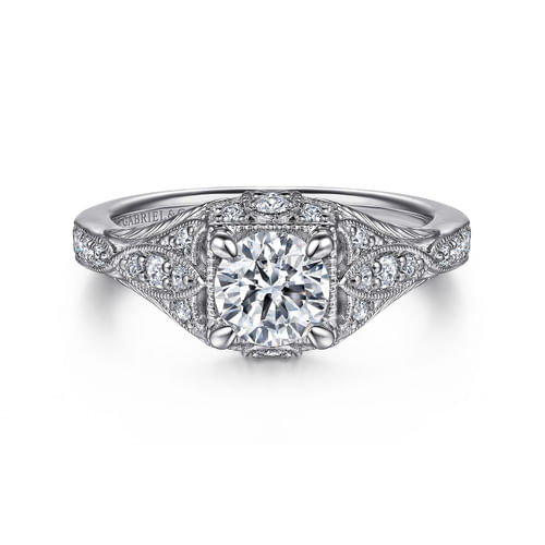 Unique 14K White Gold Vintage Inspired Diamond Halo Engagement Ring