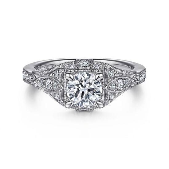 Gabriel - Unique 14K White Gold Vintage Inspired Diamond Halo Engagement Ring