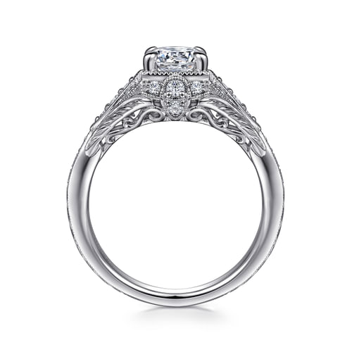 Unique 14K White Gold Vintage Inspired Diamond Halo Engagement Ring