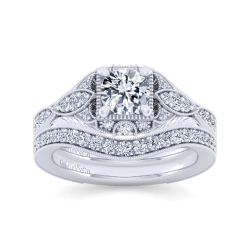 Unique 14K White Gold Vintage Inspired Diamond Halo Engagement Ring