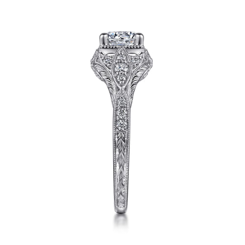 Unique 14K White Gold Vintage Inspired Diamond Halo Engagement Ring