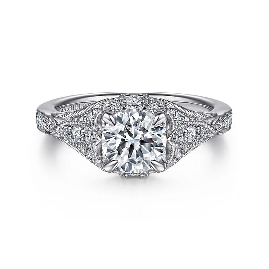 Gabriel - Unique 14K White Gold Vintage Inspired Diamond Halo Engagement Ring