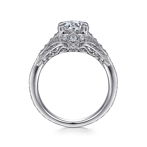 Unique 14K White Gold Vintage Inspired Diamond Halo Engagement Ring