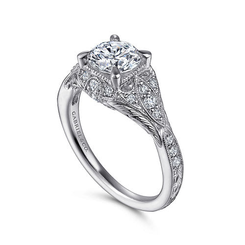 Unique 14K White Gold Vintage Inspired Diamond Halo Engagement Ring