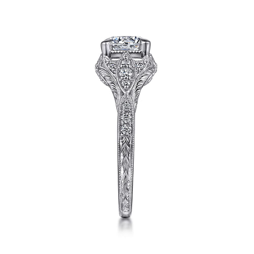 Unique 14K White Gold Vintage Inspired Diamond Halo Engagement Ring