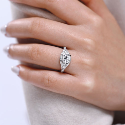 Unique 14K White Gold Vintage Inspired Diamond Halo Engagement Ring