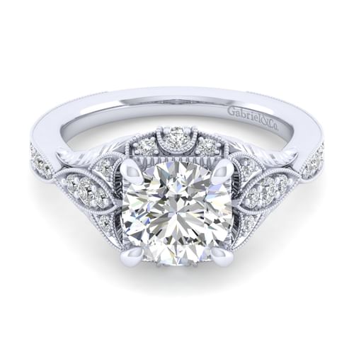 Unique 14K White Gold Vintage Inspired Diamond Halo Engagement Ring
