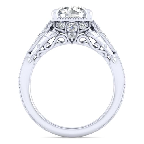 Unique 14K White Gold Vintage Inspired Diamond Halo Engagement Ring
