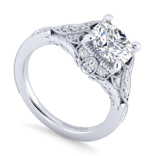 Unique 14K White Gold Vintage Inspired Diamond Halo Engagement Ring