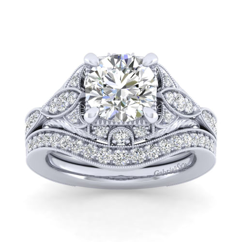 Unique 14K White Gold Vintage Inspired Diamond Halo Engagement Ring