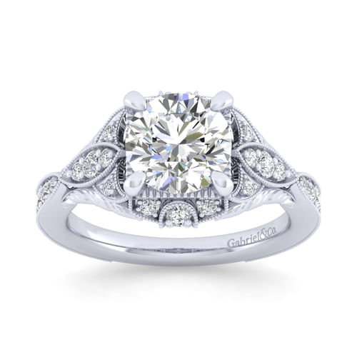 Unique 14K White Gold Vintage Inspired Diamond Halo Engagement Ring