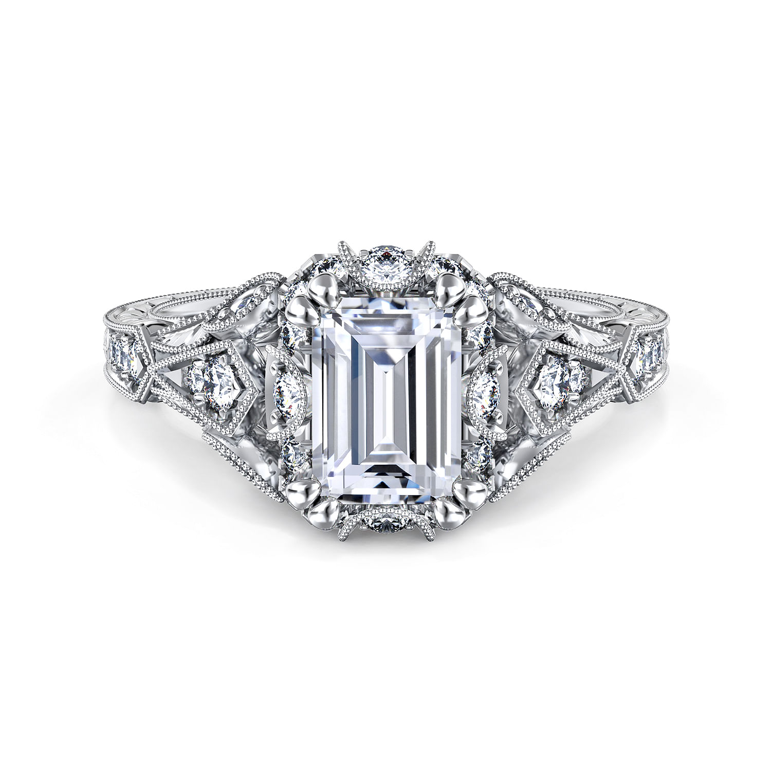 Unique 14K White Gold Vintage Inspired Emerald Cut Diamond Halo Engagement Ring