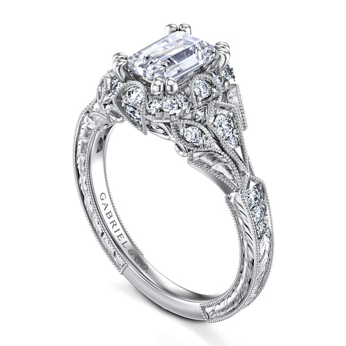 Unique 14K White Gold Vintage Inspired Emerald Cut Diamond Halo Engagement Ring