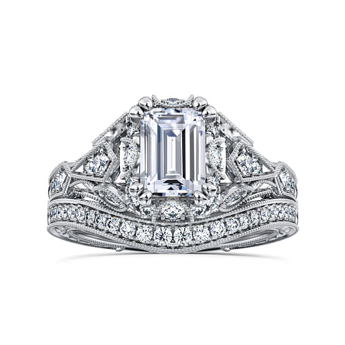 Unique 14K White Gold Vintage Inspired Emerald Cut Diamond Halo Engagement Ring