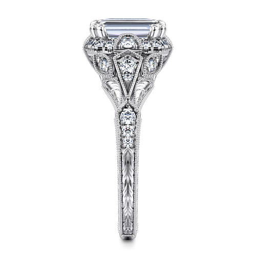Unique 14K White Gold Vintage Inspired Emerald Cut Diamond Halo Engagement Ring