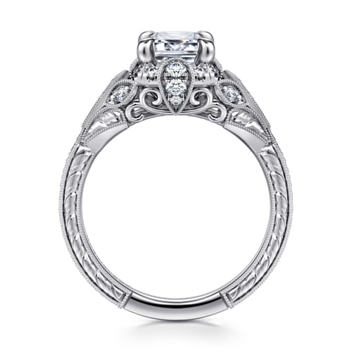 Unique 14K White Gold Vintage Inspired Emerald Cut Diamond Halo Engagement Ring Unique 14K White Gold Vintage Inspired Emerald Cut Diamond Halo Engagement Ring