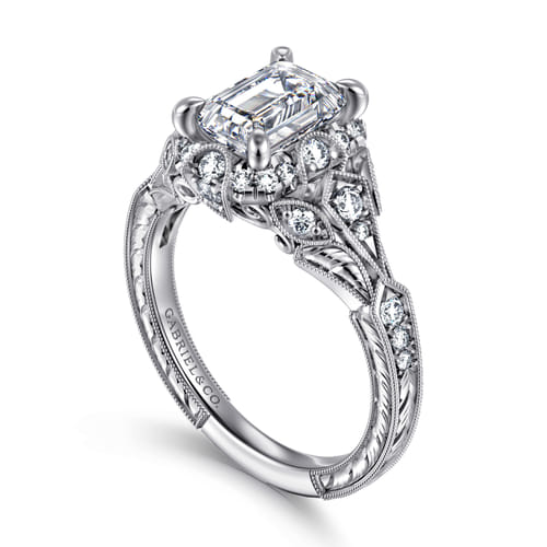 Unique 14K White Gold Vintage Inspired Emerald Cut Diamond Halo Engagement Ring Unique 14K White Gold Vintage Inspired Emerald Cut Diamond Halo Engagement Ring