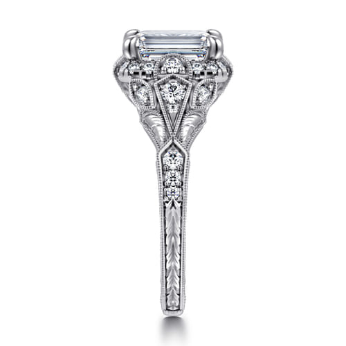 Unique 14K White Gold Vintage Inspired Emerald Cut Diamond Halo Engagement Ring Unique 14K White Gold Vintage Inspired Emerald Cut Diamond Halo Engagement Ring