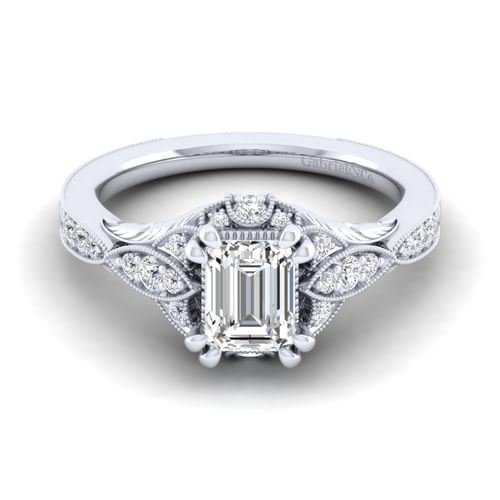 Unique 14K White Gold Vintage Inspired Emerald Cut Diamond Halo Engagement Ring