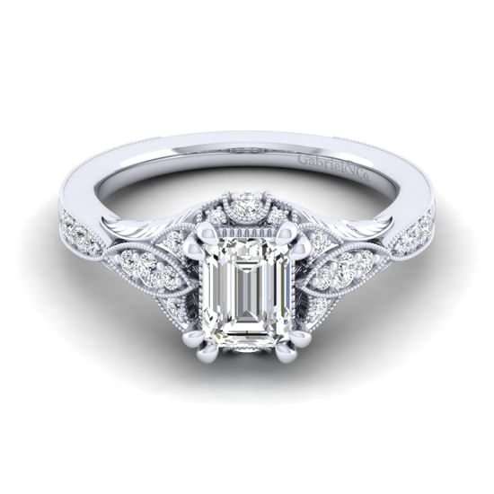 Gabriel - Unique 14K White Gold Vintage Inspired Emerald Cut Diamond Halo Engagement Ring