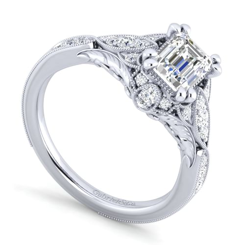 Unique 14K White Gold Vintage Inspired Emerald Cut Diamond Halo Engagement Ring