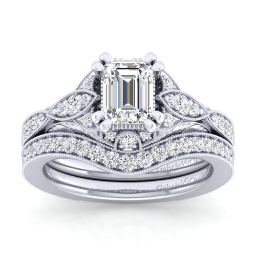 Unique 14K White Gold Vintage Inspired Emerald Cut Diamond Halo Engagement Ring