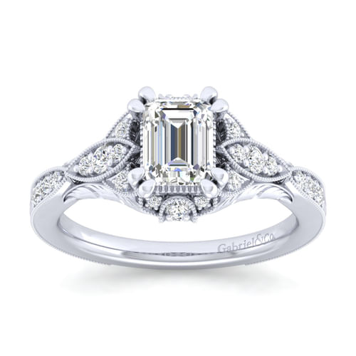 Unique 14K White Gold Vintage Inspired Emerald Cut Diamond Halo Engagement Ring