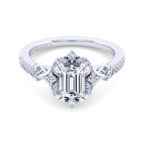 Unique 14K White Gold Vintage Inspired Emerald Cut Halo Diamond Engagement Ring